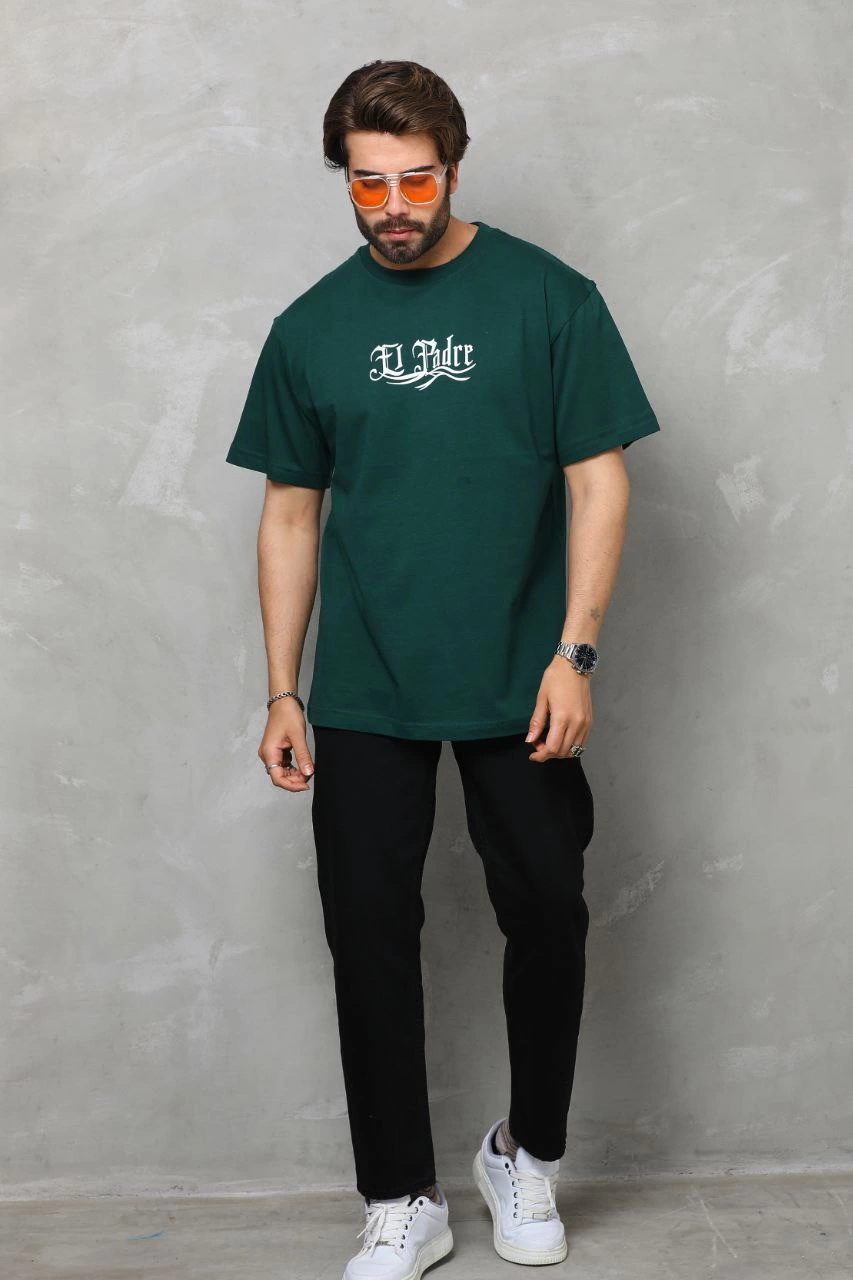 Erkek Kısa Kol Yazlık Tişört Bisiklet Yaka Baskılı Oversize T-Shirt – Yeşil