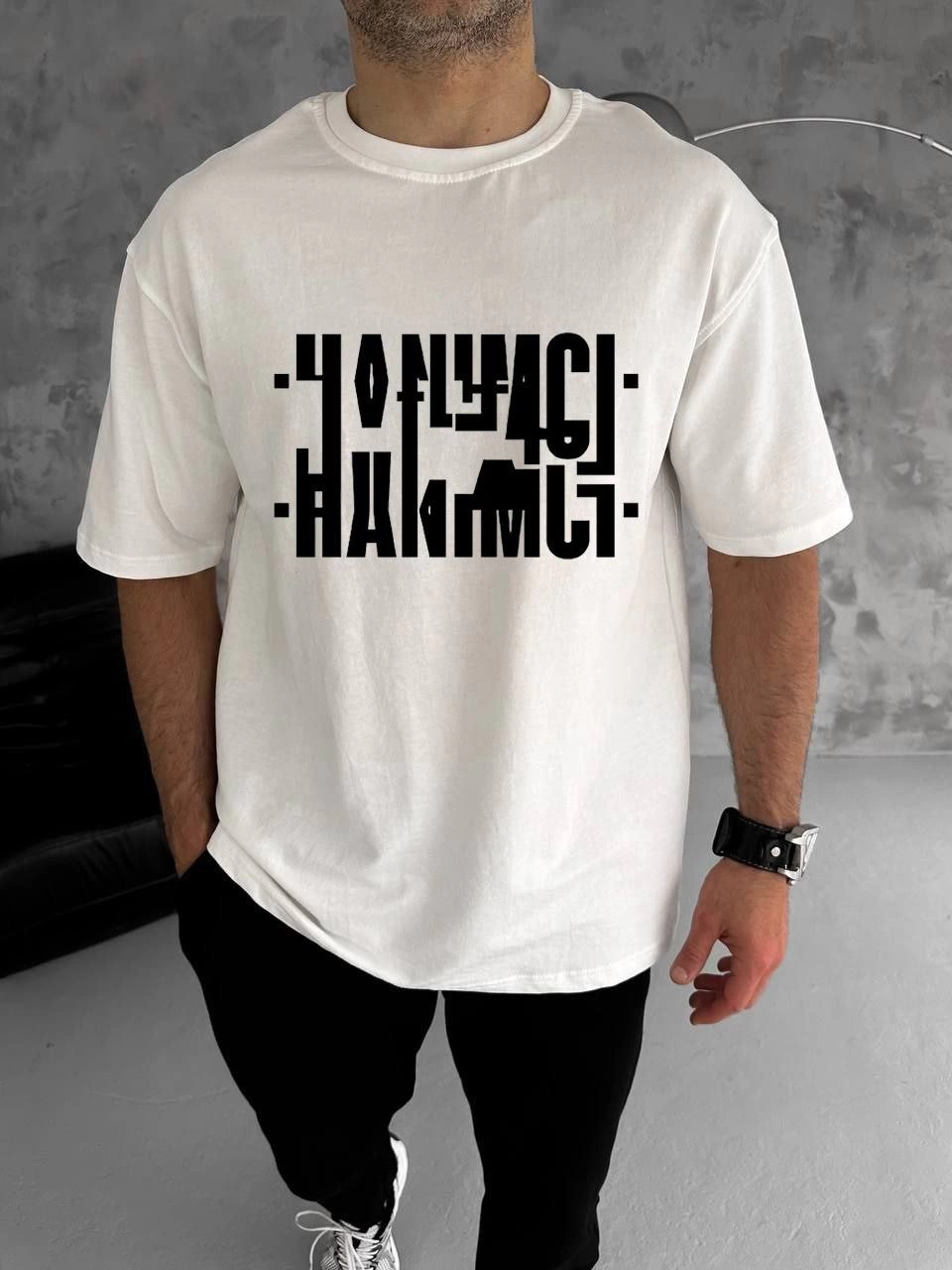 Erkek Tişört Kısa Kol Bisiklet Yaka Katlanan HANIMCI Baskılı T-Shirt – Beyaz