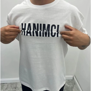 Erkek Tişört Kısa Kol Bisiklet Yaka Katlanan HANIMCI Baskılı T-Shirt – Beyaz