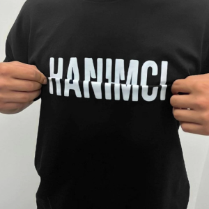 Erkek Tişört Kısa Kol Bisiklet Yaka Katlanan HANIMCI Baskılı T-Shirt – Siyah