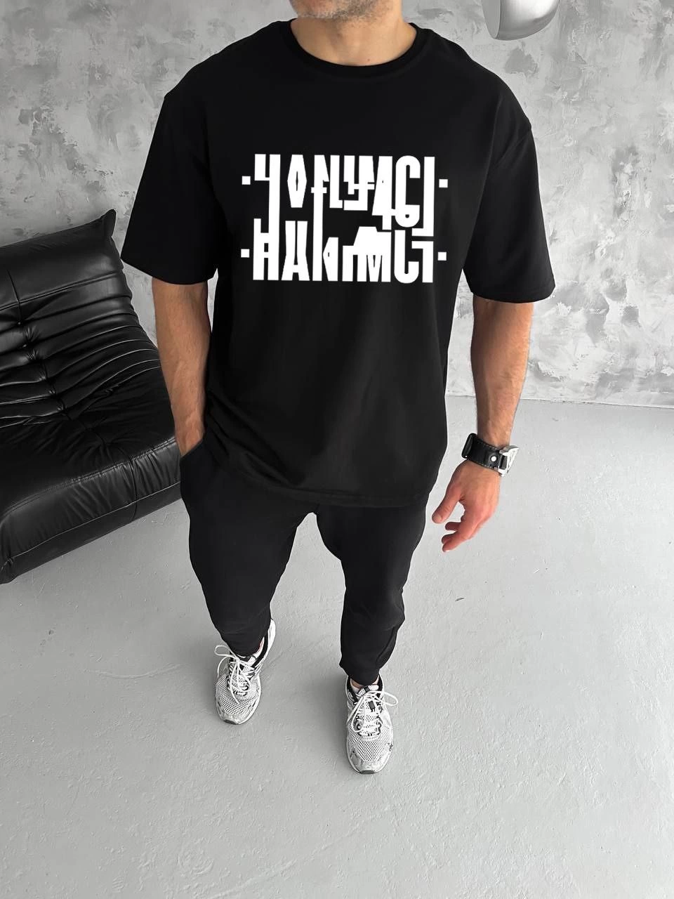 Erkek Tişört Kısa Kol Bisiklet Yaka Katlanan HANIMCI Baskılı T-Shirt – Siyah