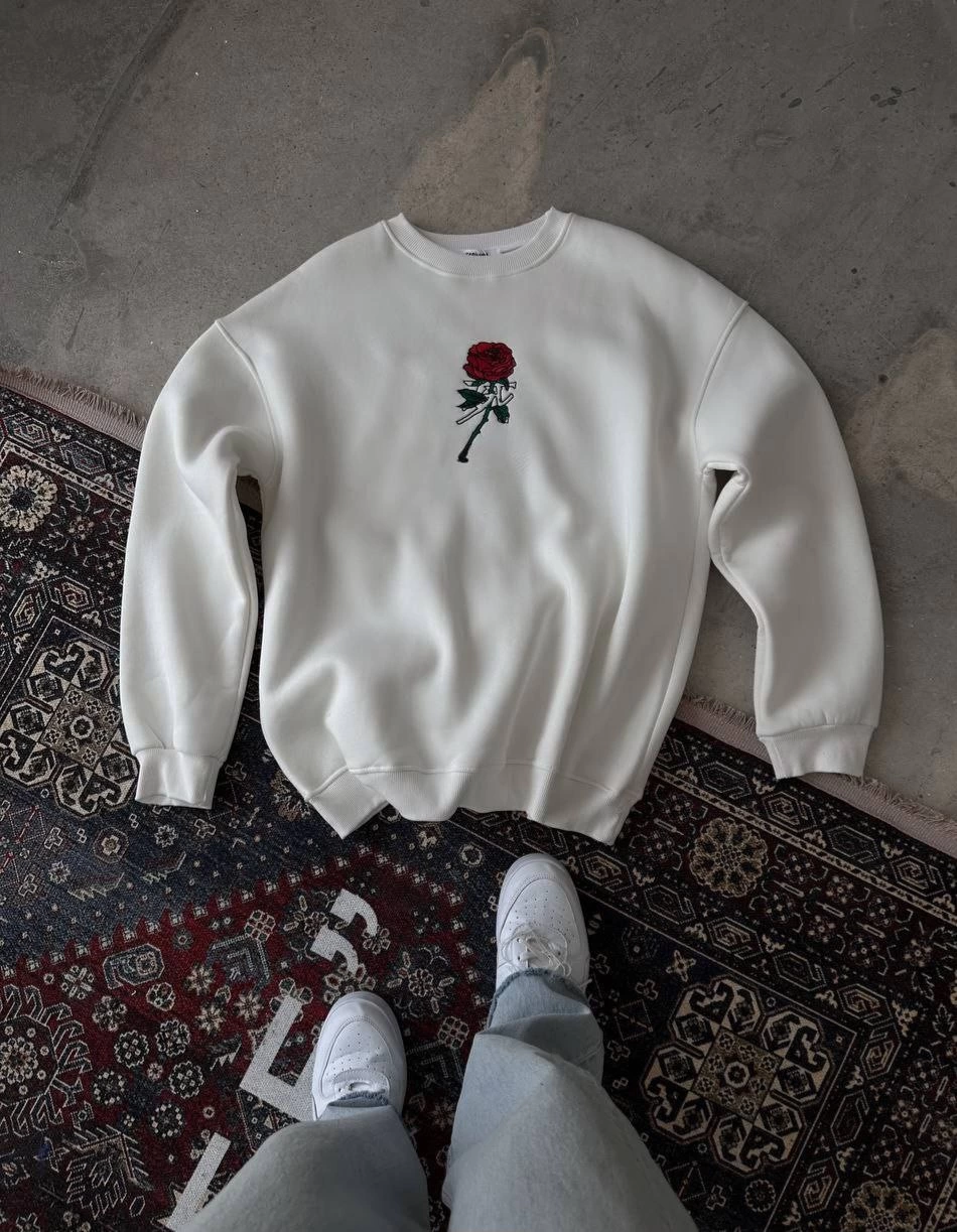 ERKEK 3 iplik Pamuklu Bisiklet Yaka Ön Ve Arka Baskılı SweatShirt – Beyaz