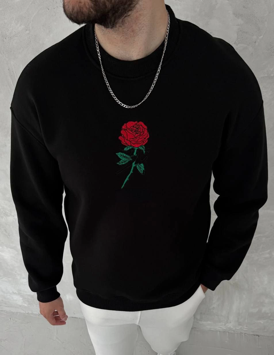ERKEK 3 iplik Pamuklu Bisiklet Yaka Ön Ve Arka Baskılı SweatShirt – Siyah