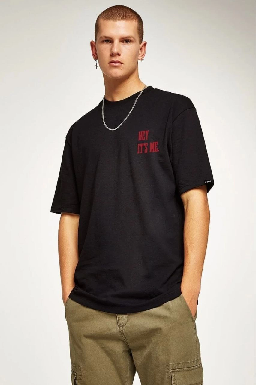 Erkek Baskılı T-Shirt Kısa Kol Bisiklet Yaka Regular Fit Rahat Kalıp Tişört – Siyah