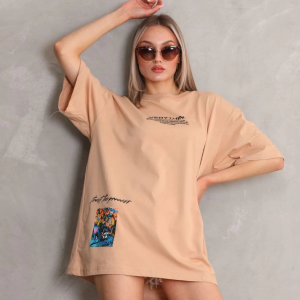 kadın Bisiklet Yaka Baskılı Oversize Kısa kol T-Shirt – Bej