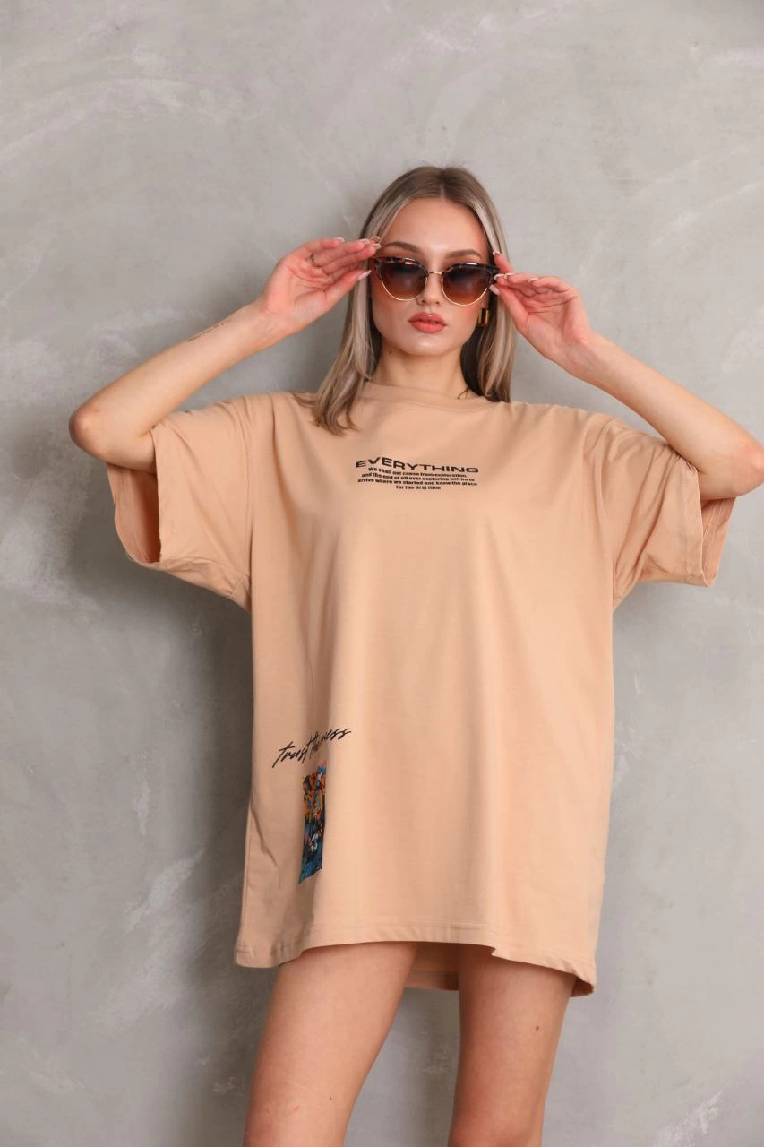 kadın Bisiklet Yaka Baskılı Oversize Kısa kol T-Shirt – Bej
