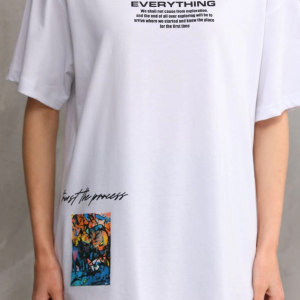 kadın Bisiklet Yaka Baskılı Oversize T-Shirt – Beyaz