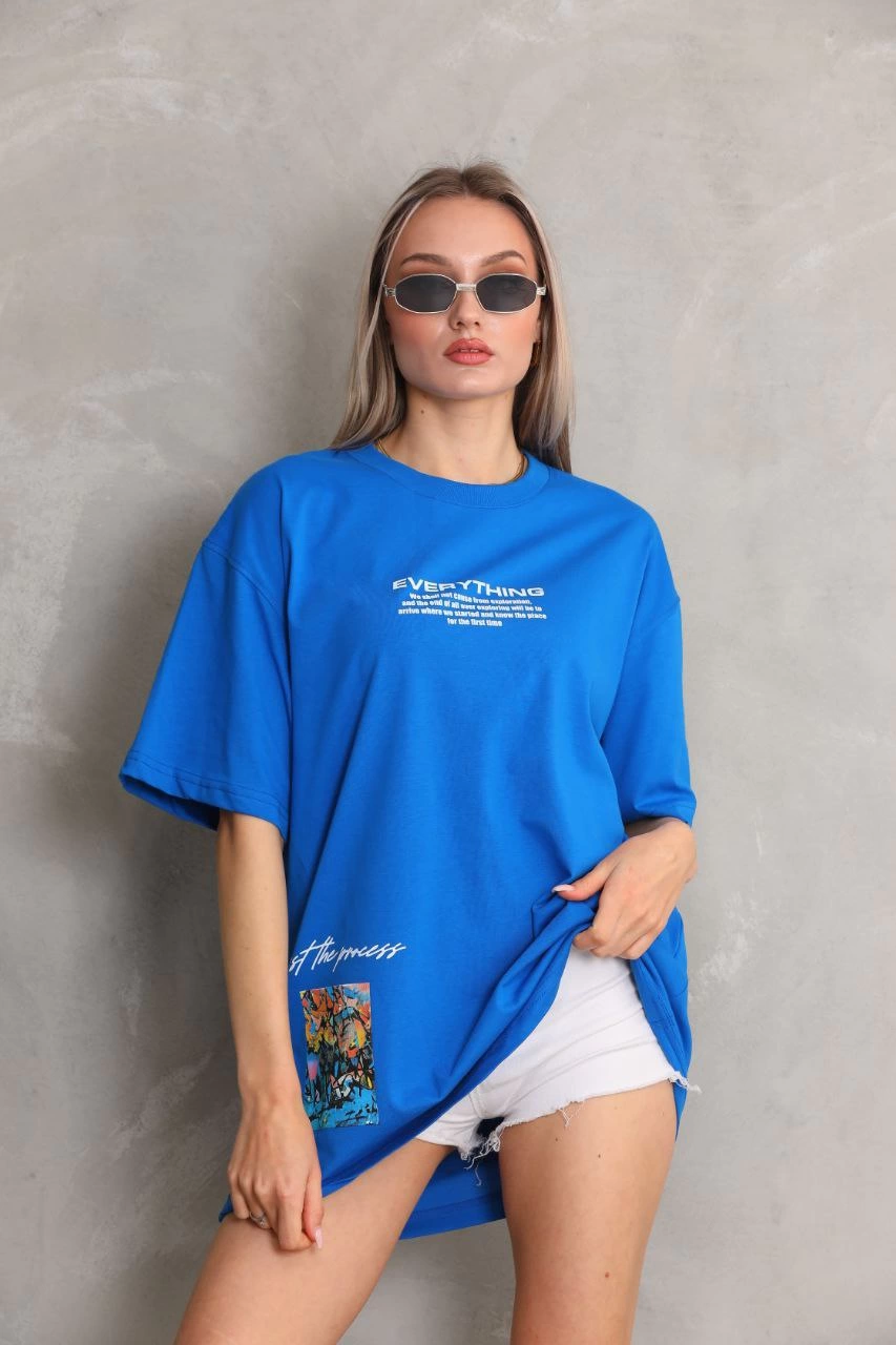 kadın Bisiklet Yaka Baskılı Oversize T-Shirt – Mavi