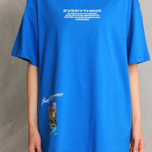 kadın Bisiklet Yaka Baskılı Oversize T-Shirt – Mavi