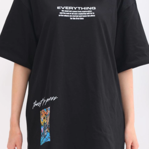 kadın Bisiklet Yaka Baskılı Oversize T-Shirt – Siyah