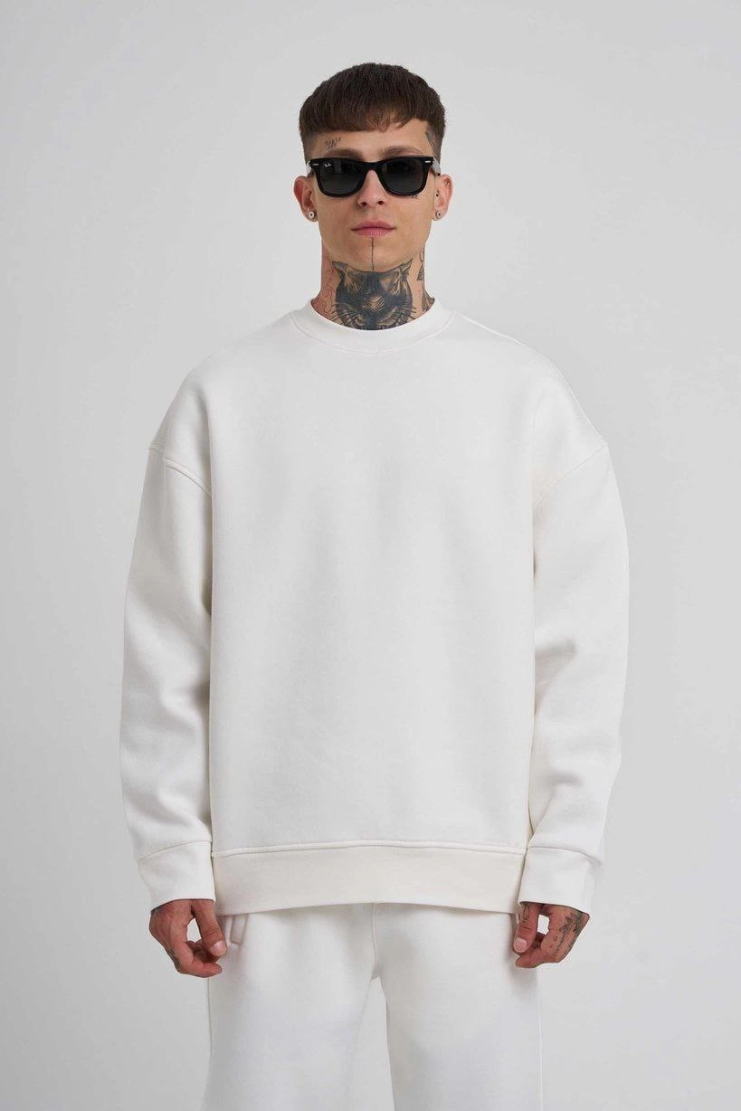 ERKEK Bisikilet Yaka 3 plik Pamuklu SweatShirt – Beyaz