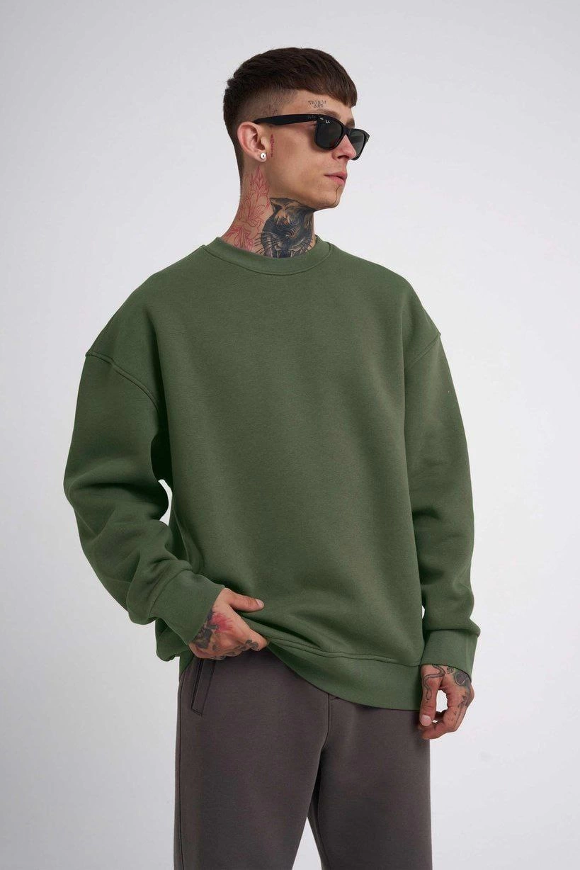 ERKEK Bisikilet Yaka 3 İplik Pamuklu SweatShirt – Haki