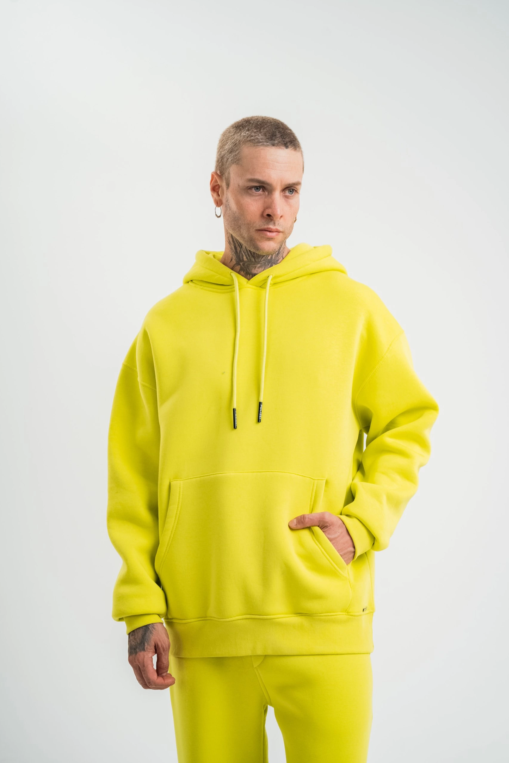 ERKEK 3 İplik Pamuklu Oversize Kapşonlu SweatShirt Hoodie – Sarı