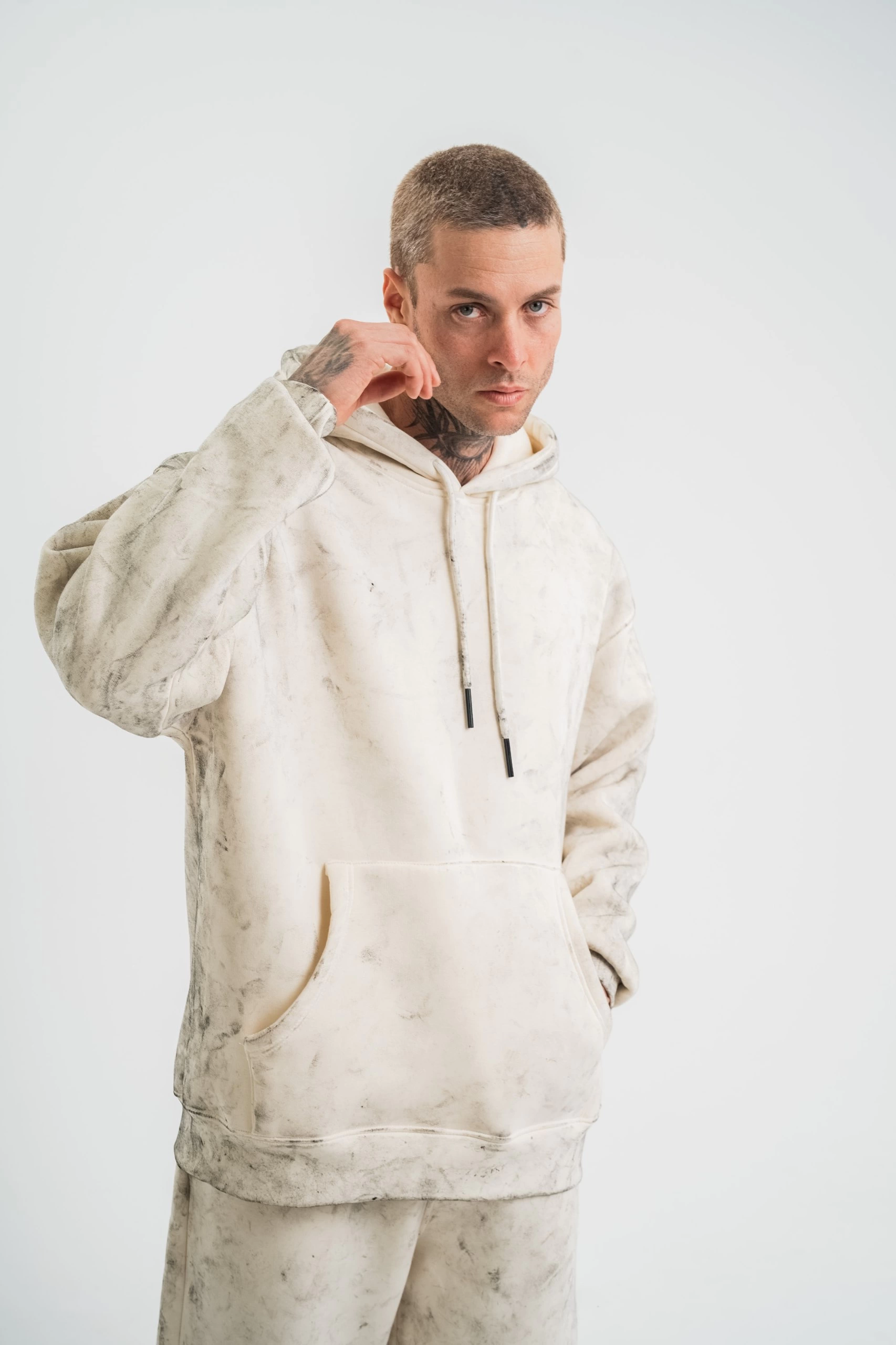 ERKEK 3 iplik Pamuklu Oversize Kapşonlu Yıkamalı SweatShirt Hoodie – Krem