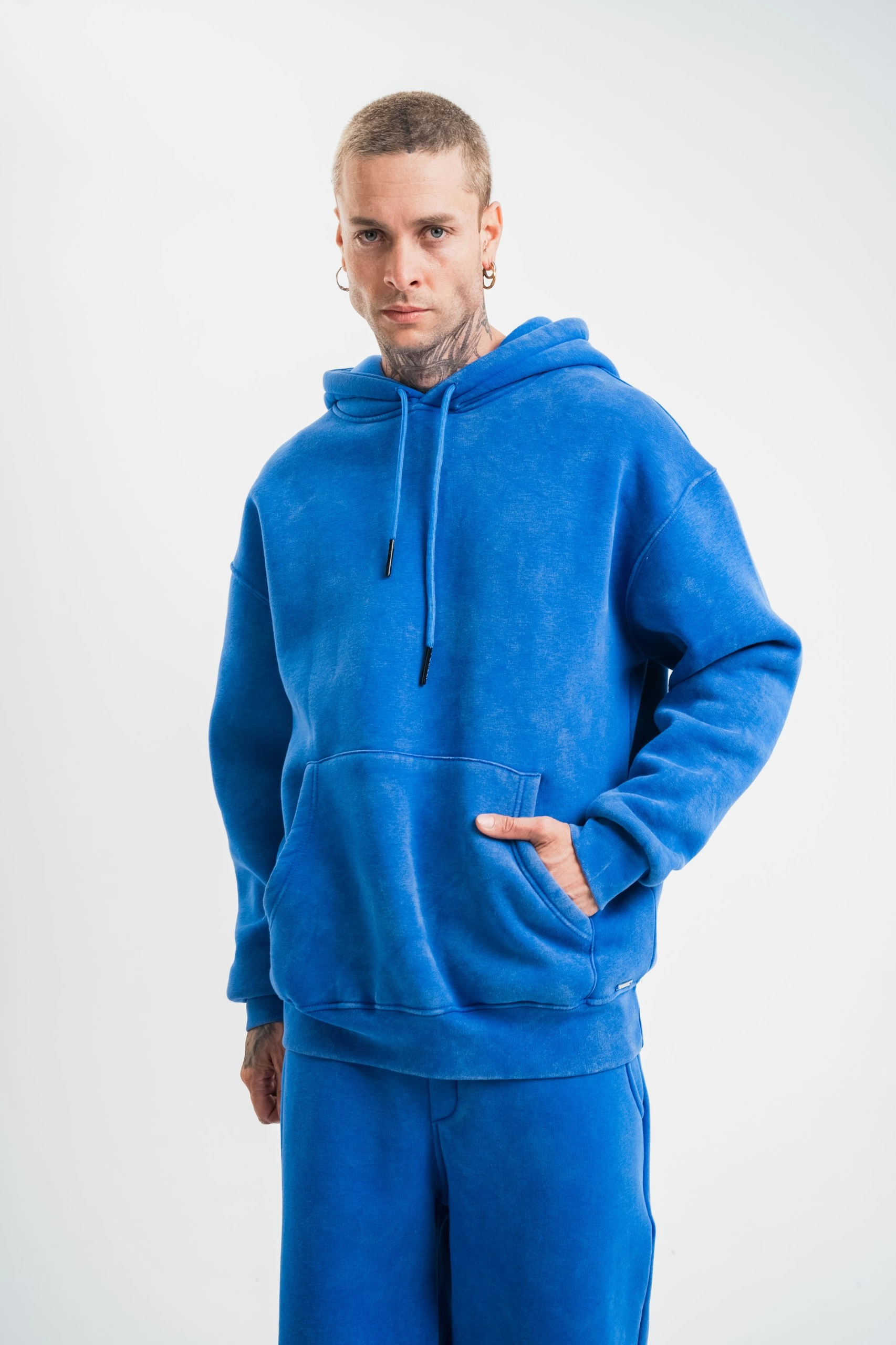 ERKEK 3 İplik Pamuklu Oversize Kapüşonlu Yıkamalı Hoodie SweatShirt – Mavi