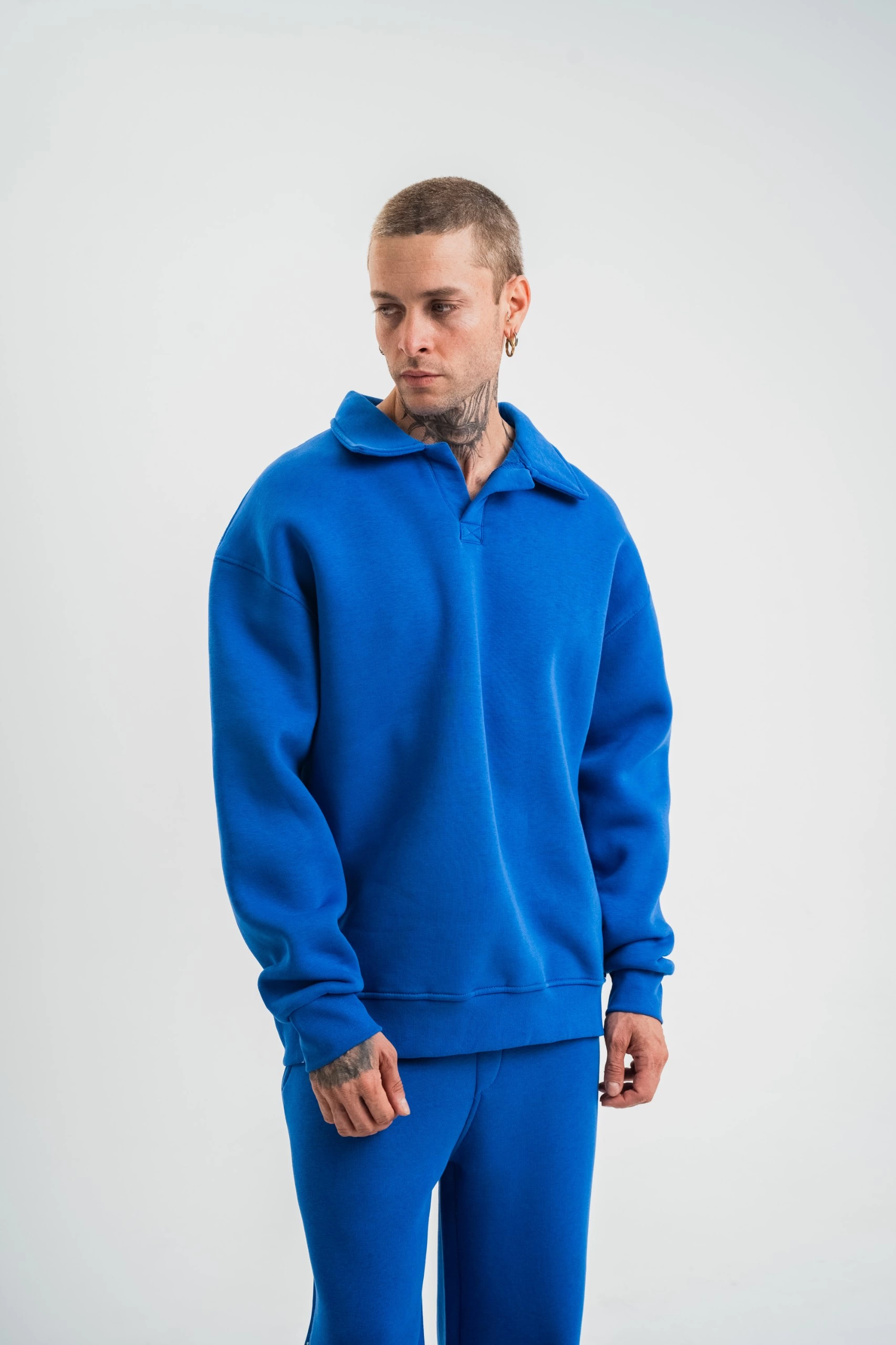 Erkek Açık Yakalı Oversize 3 İplik Pamuklu Sweatshirt – Mavii