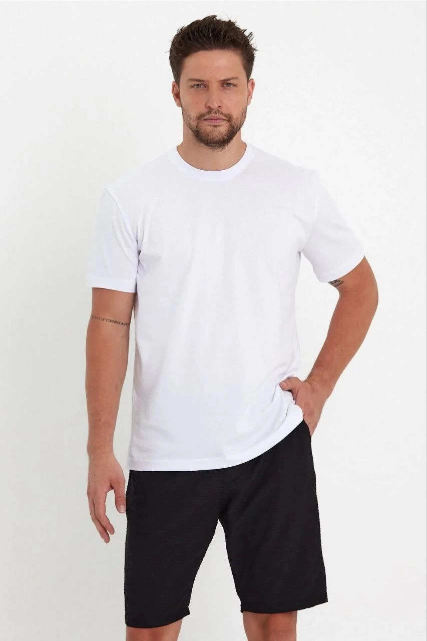 Erkek Düz T-Shirt Kısa Kol Bisiklet Yaka Regular Fit Rahat Kalıp Günlük Tişört – Beyaz