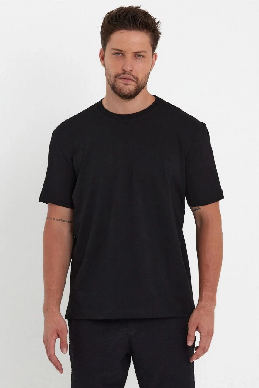 Erkek Düz T-Shirt Kısa Kol Bisiklet Yaka Regular Fit Rahat Kalıp Günlük Tişört – Siyah