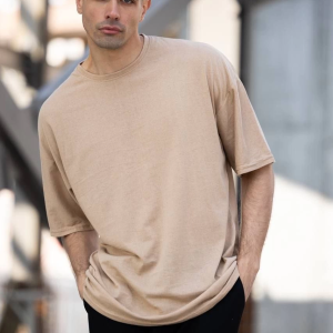 Erkek Düz T-Shirt Kısa Kol Bisiklet Yaka Regular Fit Rahat Kalıp Günlük Tişört – Bej