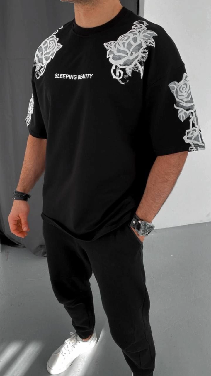 Erkek Kısa Kol Yazlık Tişört Bisiklet Yaka Baskılı Oversize T-Shirt – Siyah