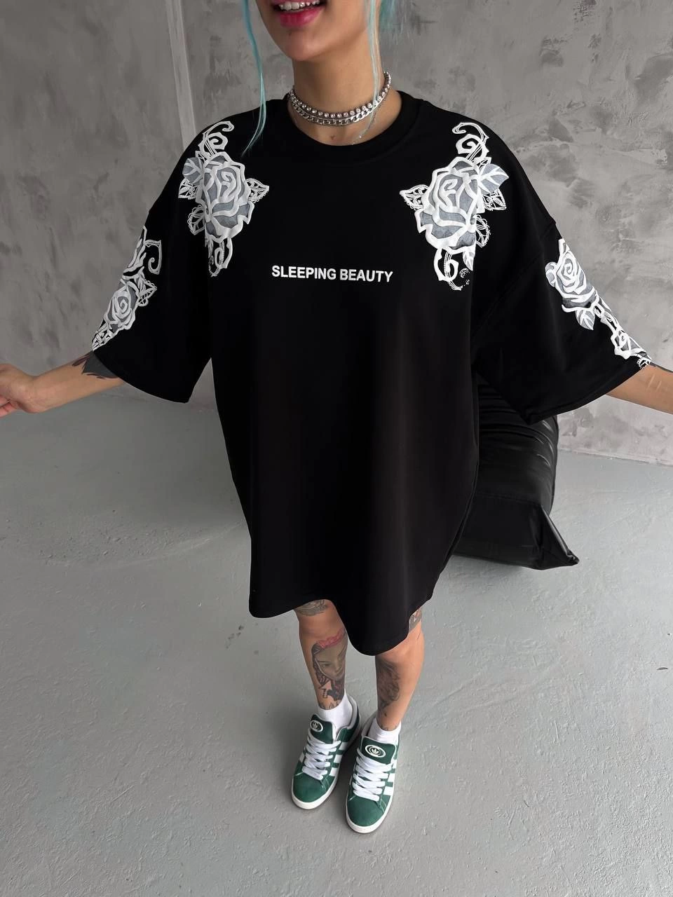 Kadın Kısa Kol Yazlık Tişört Bisiklet Yaka Baskılı Oversize T-Shirt – Siyah