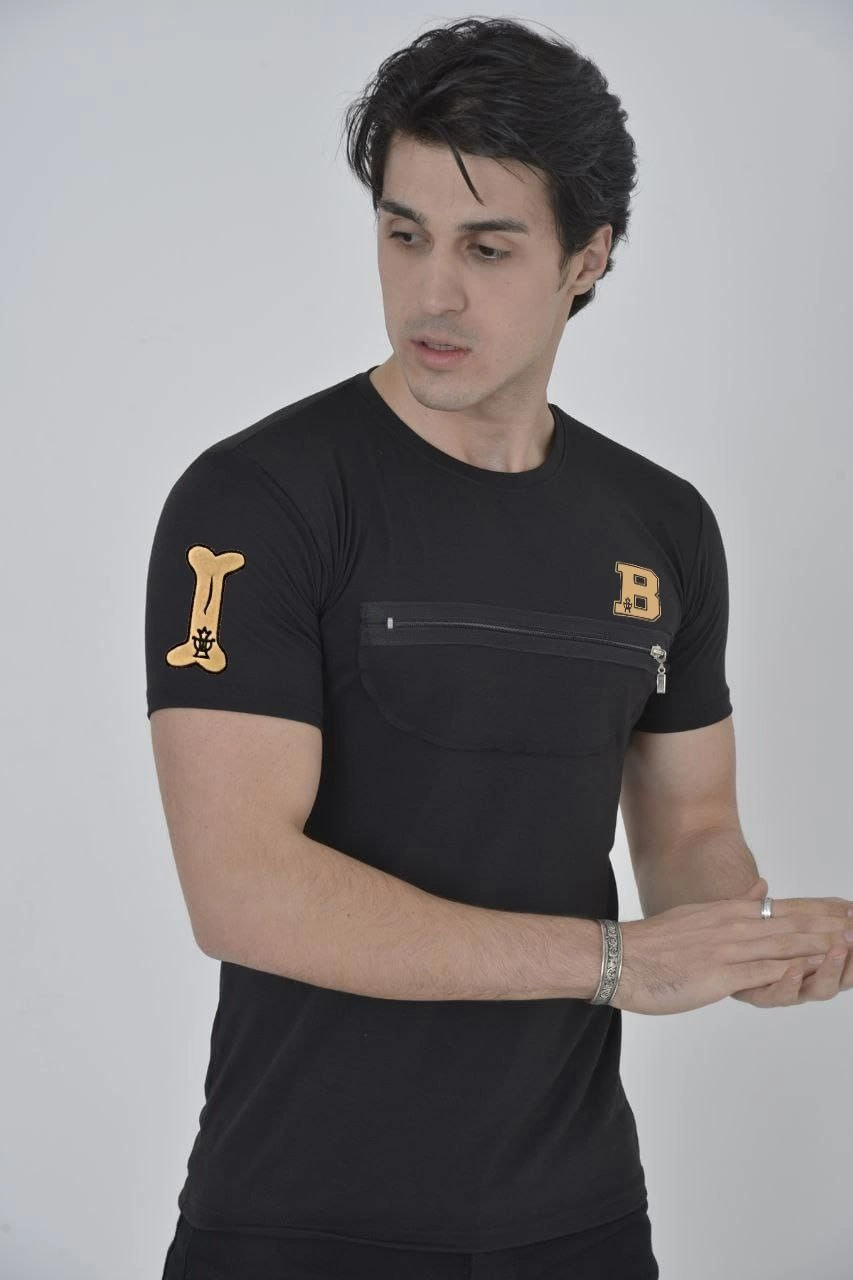 Erkek Baskılı T-Shirt Kısa Kol Bisiklet Yaka Göğüs Fermuarlı Slimfit Tişört – Siyah