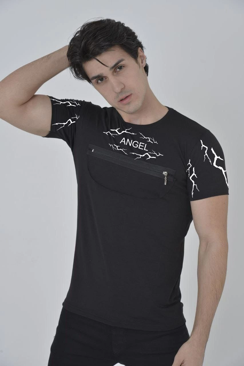 Erkek Baskılı T-Shirt Kısa Kol Bisiklet Yaka Göğüs Fermuarlı Slimfit Tişört – Siyah