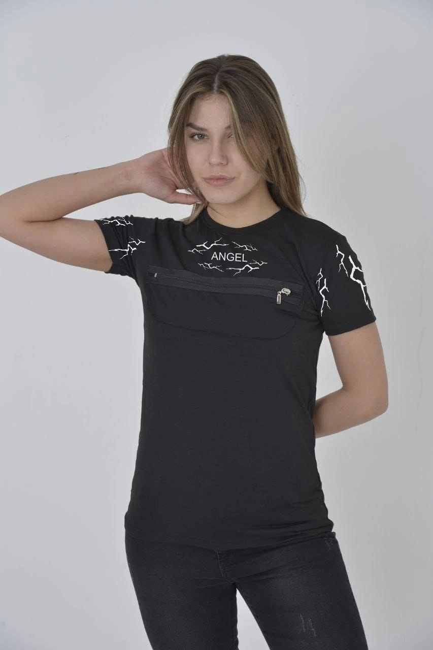 Kadın Baskılı T-Shirt Kısa Kol Bisiklet Yaka Göğüs Fermuarlı Tişört – Siyah