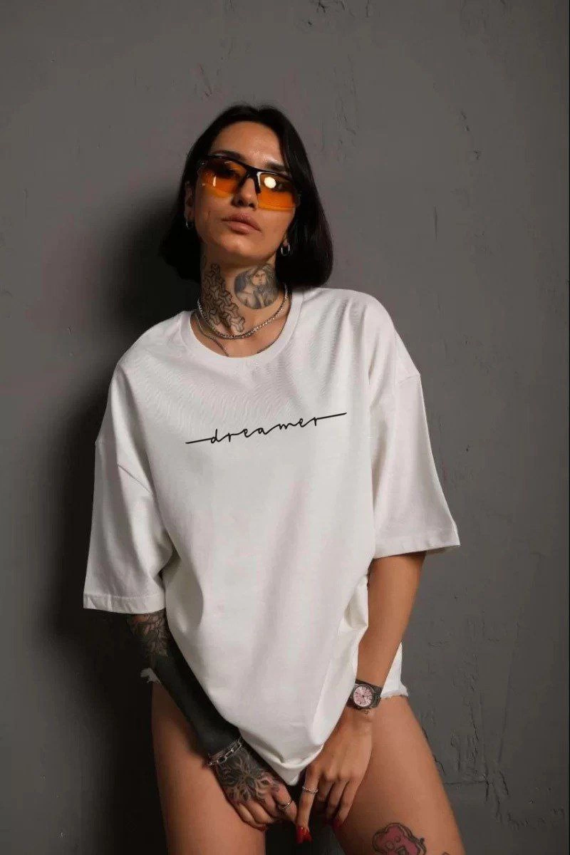 Kadın Bisiklet Yaka Baskılı Kısa kol T-Shirt – Beyaz
