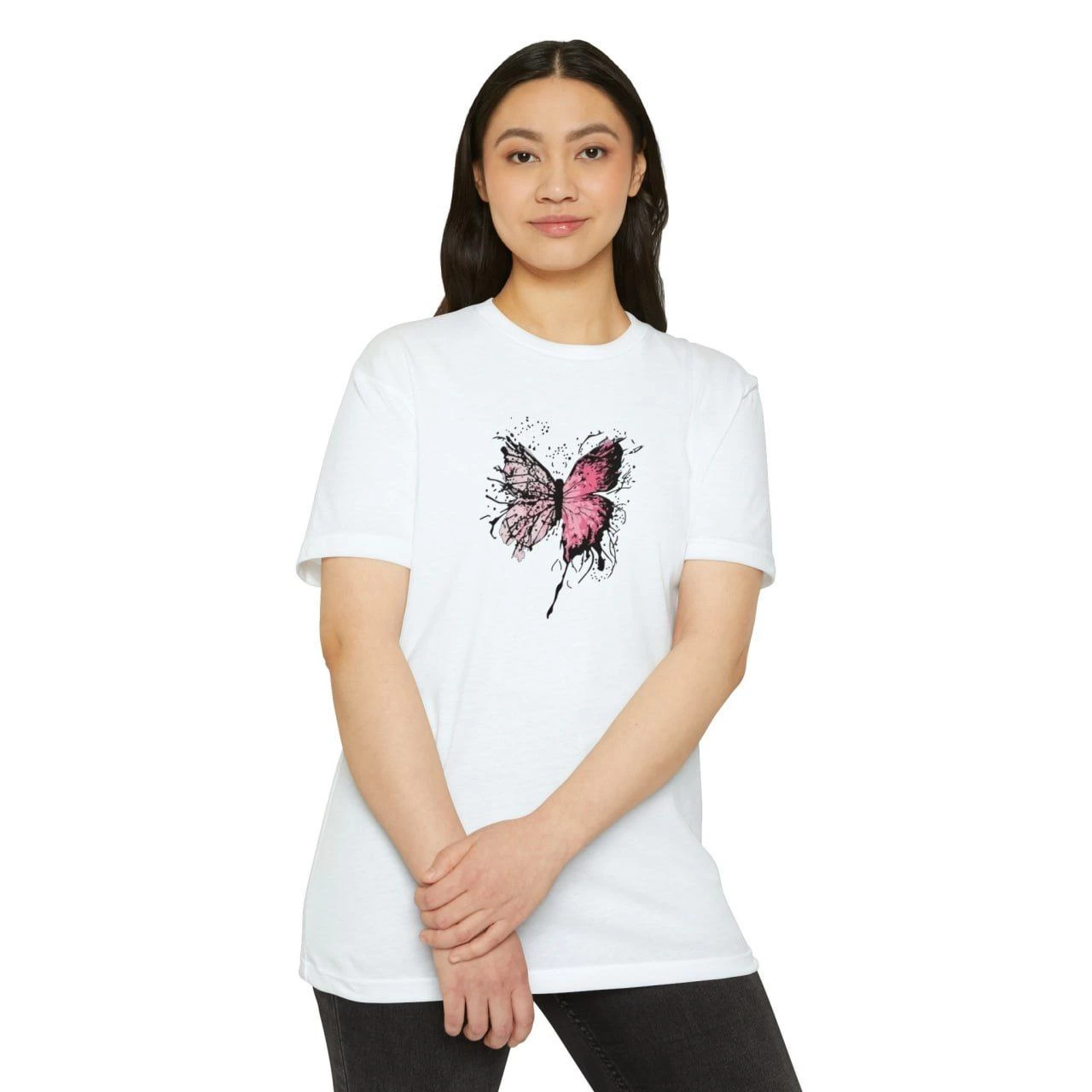 Kadın Bisiklet Yaka kelebek Baskılı Kısa kol T-Shirt – Beyaz