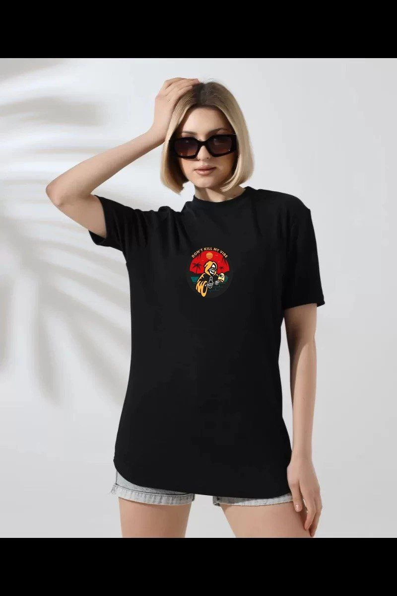 Kadın Bisiklet Yaka Baskılı kısa kol T-Shirt – Siyah