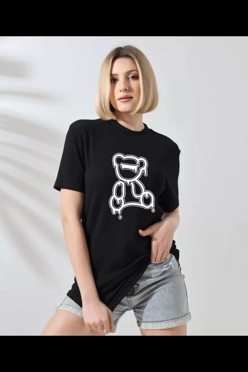 Kadın Bisiklet Yaka Baskılı Kısa kol T-Shirt – Siyah