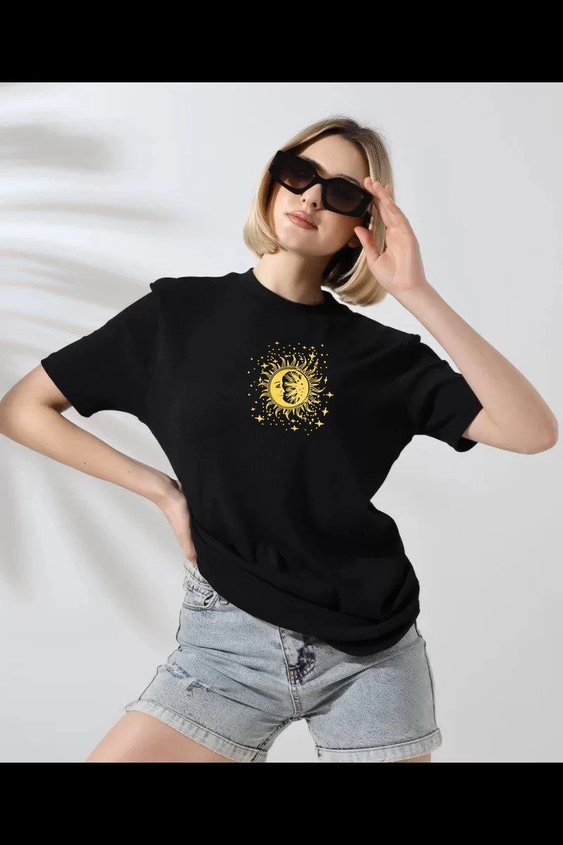 Kadın Bisiklet Yaka Baskılı Kısa kol T-Shirt – Siyah
