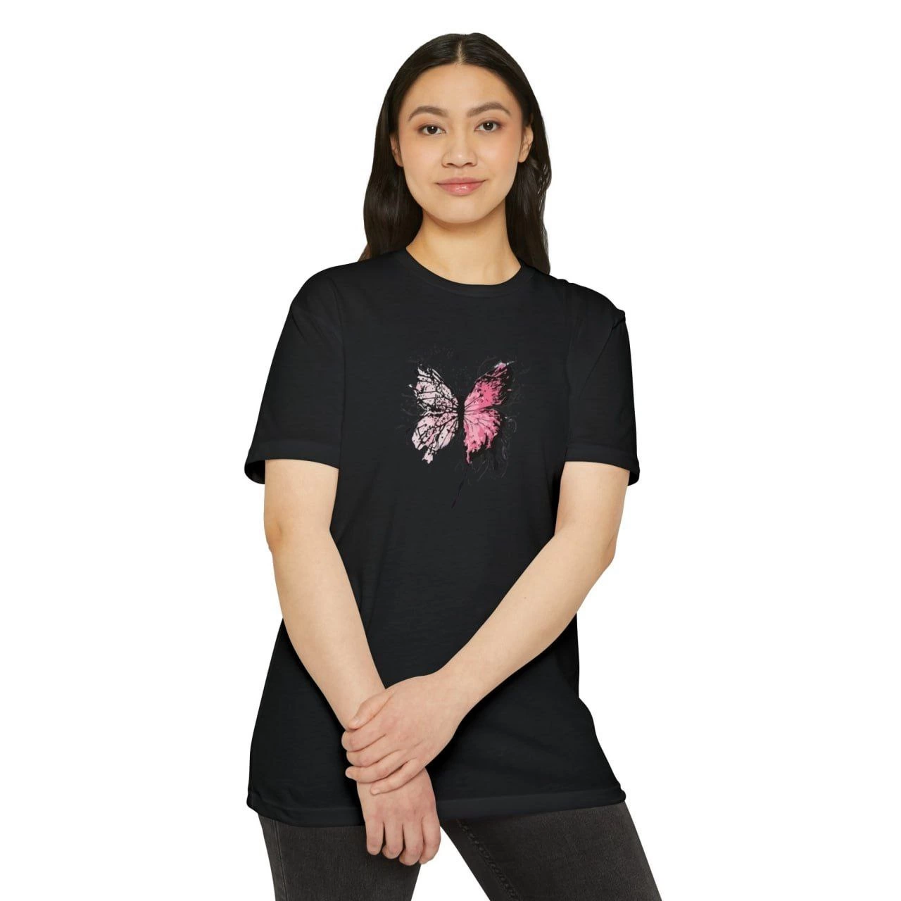 Kadın Bisiklet Yaka Baskılı T-Shirt – Siyah