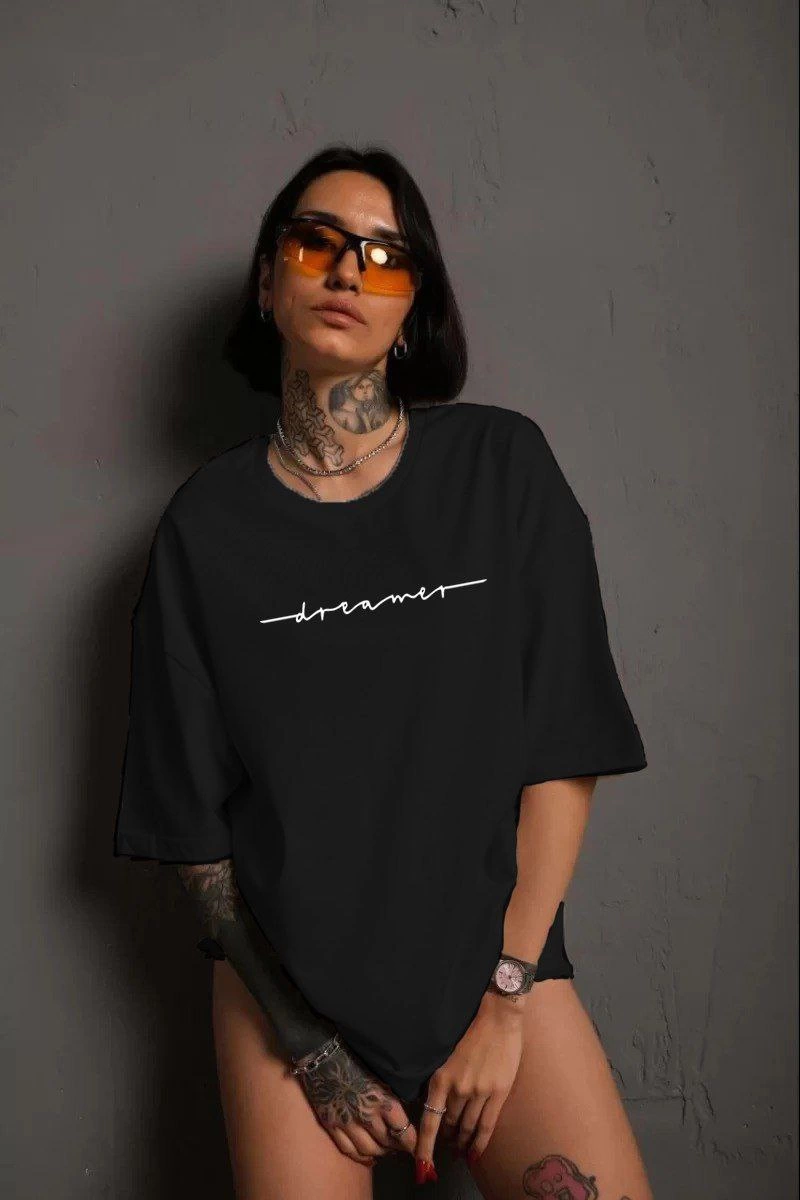 Kadın Bisiklet Yaka Baskılı kısa kol T-Shirt – Siyah