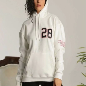 Kadın Oversize Kapüşonlu Cepli Baskılı 3 İplik Pamuklu Hoodie Sweatshirt – Beyaz