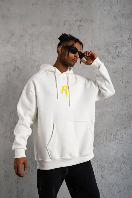 Erkek 3 İplik Pamuklu Kapüşonlu Baskılı Cepli Oversize Sweatshirt Hoodie – Beyaz