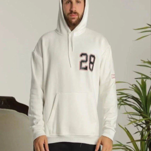 Erkek 3 İplik Pamuklu Kapüşonlu Baskılı Cepli Oversize Sweatshirt Hoodie – Beyaz