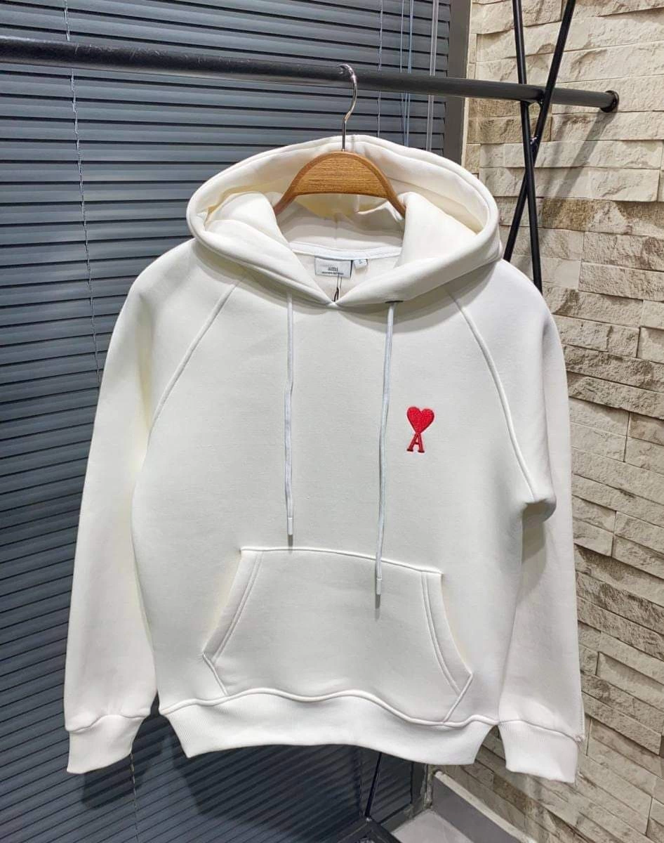 Kadın Oversize Kapüşonlu Cepli KALP Baskılı 3 İplik Pamuklu Hoodie Sweatshirt – Beyaz