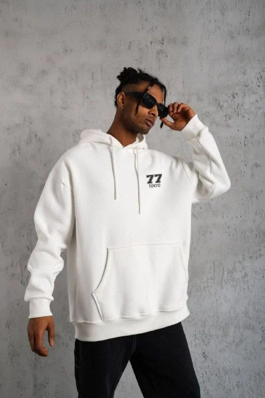 Erkek 3 İplik Pamuklu Kapüşonlu Baskılı Cepli Oversize Sweatshirt Hoodie – Beyaz