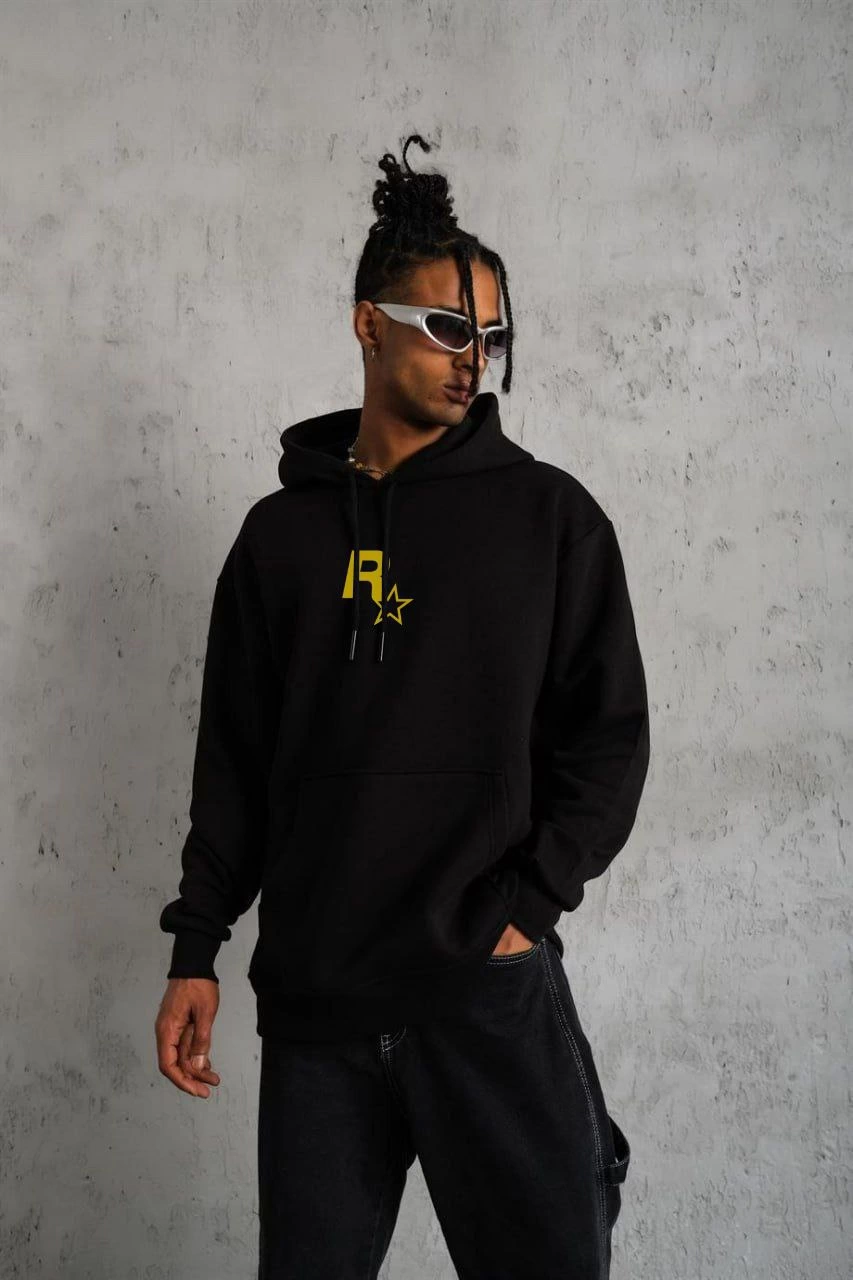 Erkek 3 İplik Pamuklu Kapüşonlu Baskılı Cepli Oversize Sweatshirt Hoodie – Siyah
