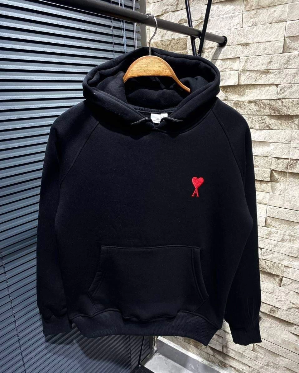 Kadın Oversize Kapüşonlu Cepli KALP Baskılı 3 İplik Pamuklu Hoodie Sweatshirt – Siyah