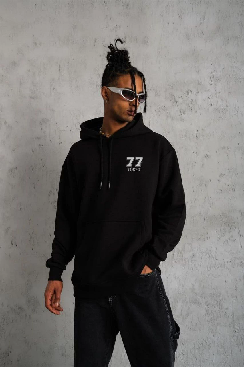 Erkek 3 İplik Pamuklu Kapüşonlu Baskılı Cepli Oversize Sweatshirt Hoodie – Siyah