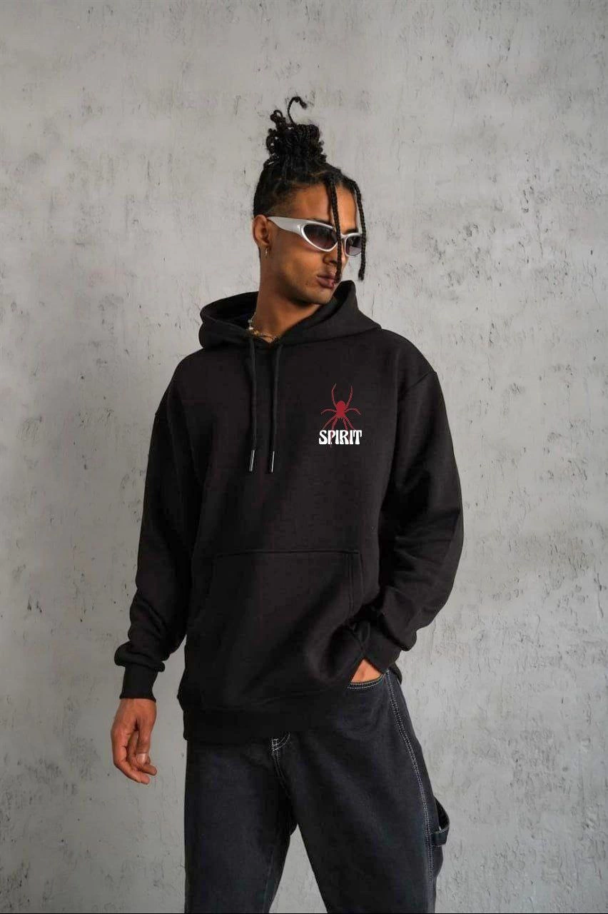 Erkek 3 İplik Pamuklu Kapüşonlu Baskılı Cepli Oversize Sweatshirt Hoodie – Siyah