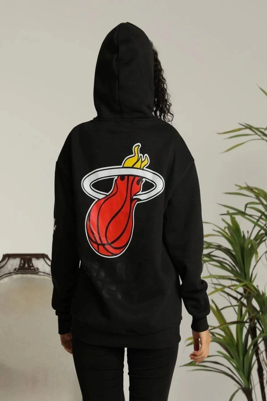Kadın Oversize Kapüşonlu Cepli Baskılı 3 İplik Pamuklu Hoodie Sweatshirt – Siyah