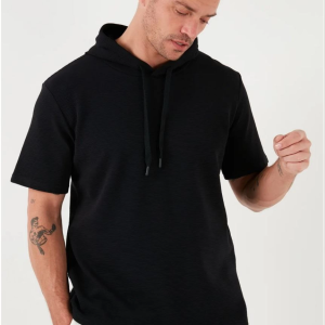 Erkek Kapüşonlu Tişört Kısa Kol Düz Oversize T-shirt – Siyah