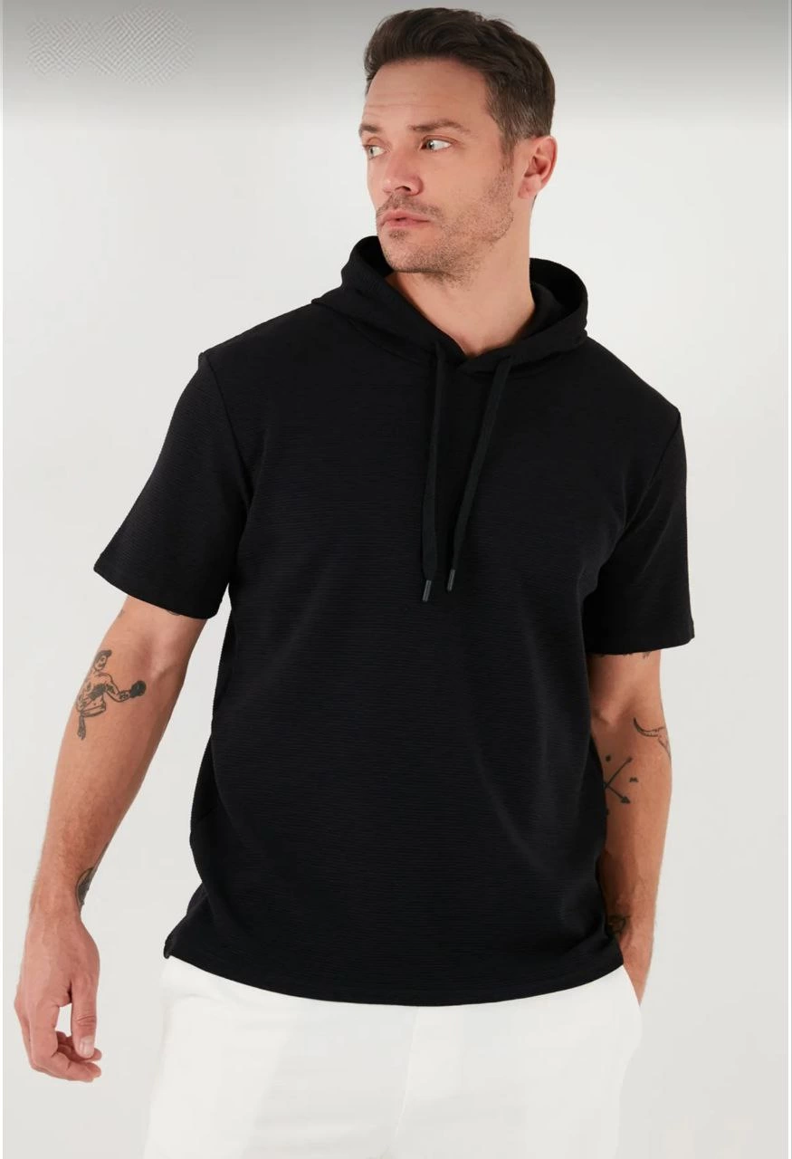 Erkek Kapüşonlu Tişört Kısa Kol Düz Oversize T-shirt – Siyah