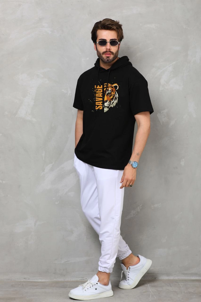 Erkek Kapüşonlu Kısa Kol Oversize Baskılı T-Shirt – Siyah