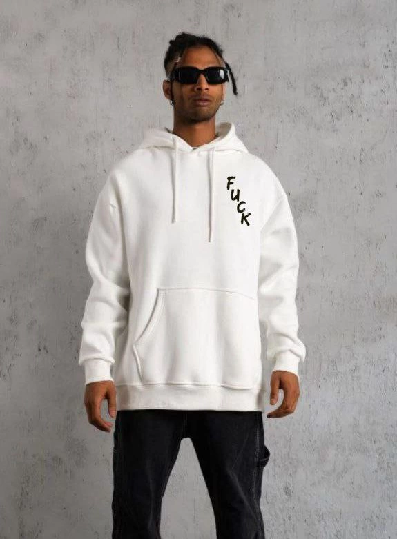Erkek 3 İplik Pamuklu Kapüşonlu Baskılı Cepli Oversize Sweatshirt Hoodie – Beyaz