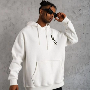 Erkek 3 İplik Pamuklu Kapüşonlu Baskılı Cepli Oversize Sweatshirt Hoodie – Beyaz